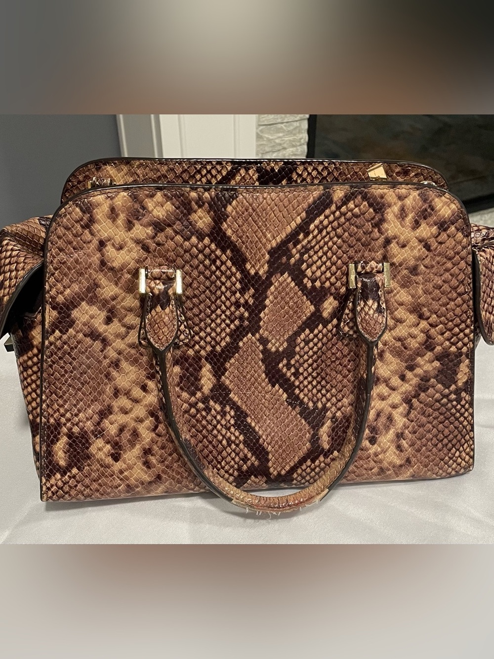 Michael Kors Brown Python Embossed Leather Medium Harper Satchel - Picture 2 of 15